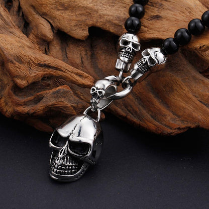 Stone and Steel Skull Capped King's Chain Skull Pendant Necklace
