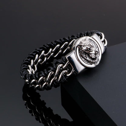 Antiqued Wolf Cameo Leather and Steel Bracelet