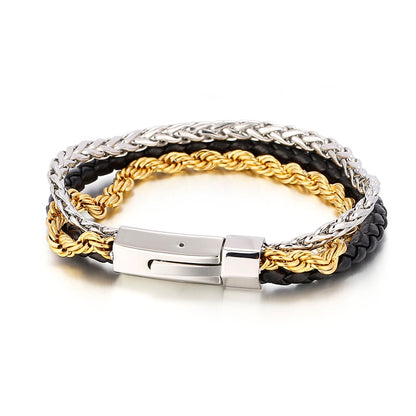 Steel and Leather Punk Layering Bracelets