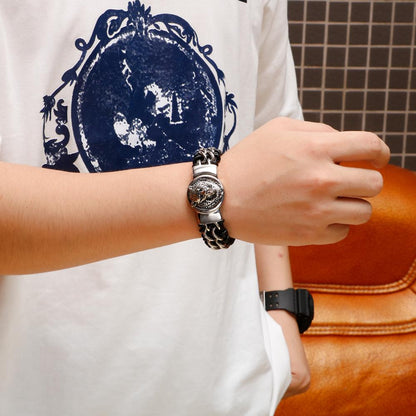 Antiqued Wolf Cameo Leather and Steel Bracelet