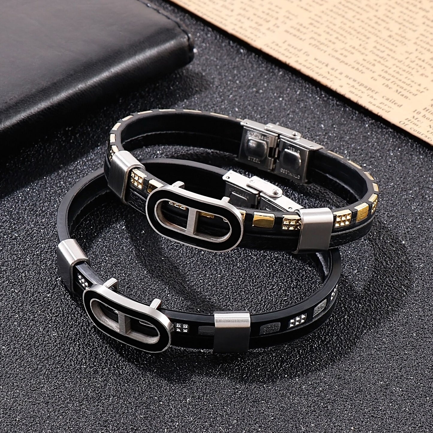 Cyberpunk Leather and Steel Tab Closure Bracelet