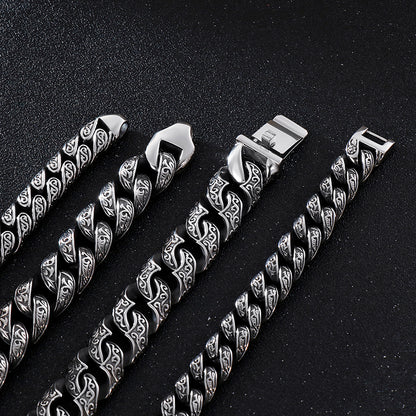Slimline Maori Scrollwork Heavy Cuban Link Chain Bracelet