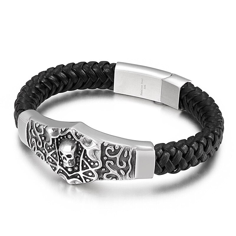 Leather and Stainless Steel Chain Bracelet