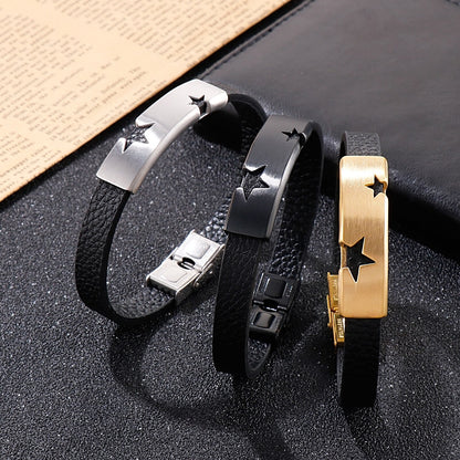 Star Punch Steel Bar and Leather Bracelet