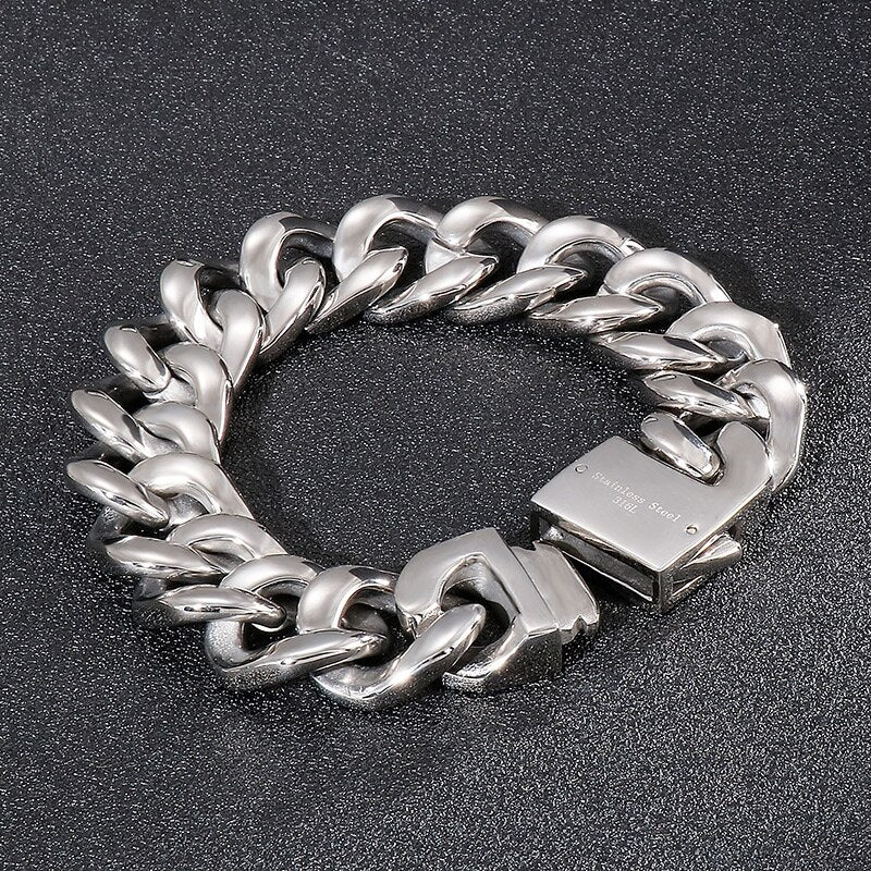 Wide Cuban Link Chain Polished Silver Color Stainless Steel Heavy Gothic Viking Fashion Men Bracelet
