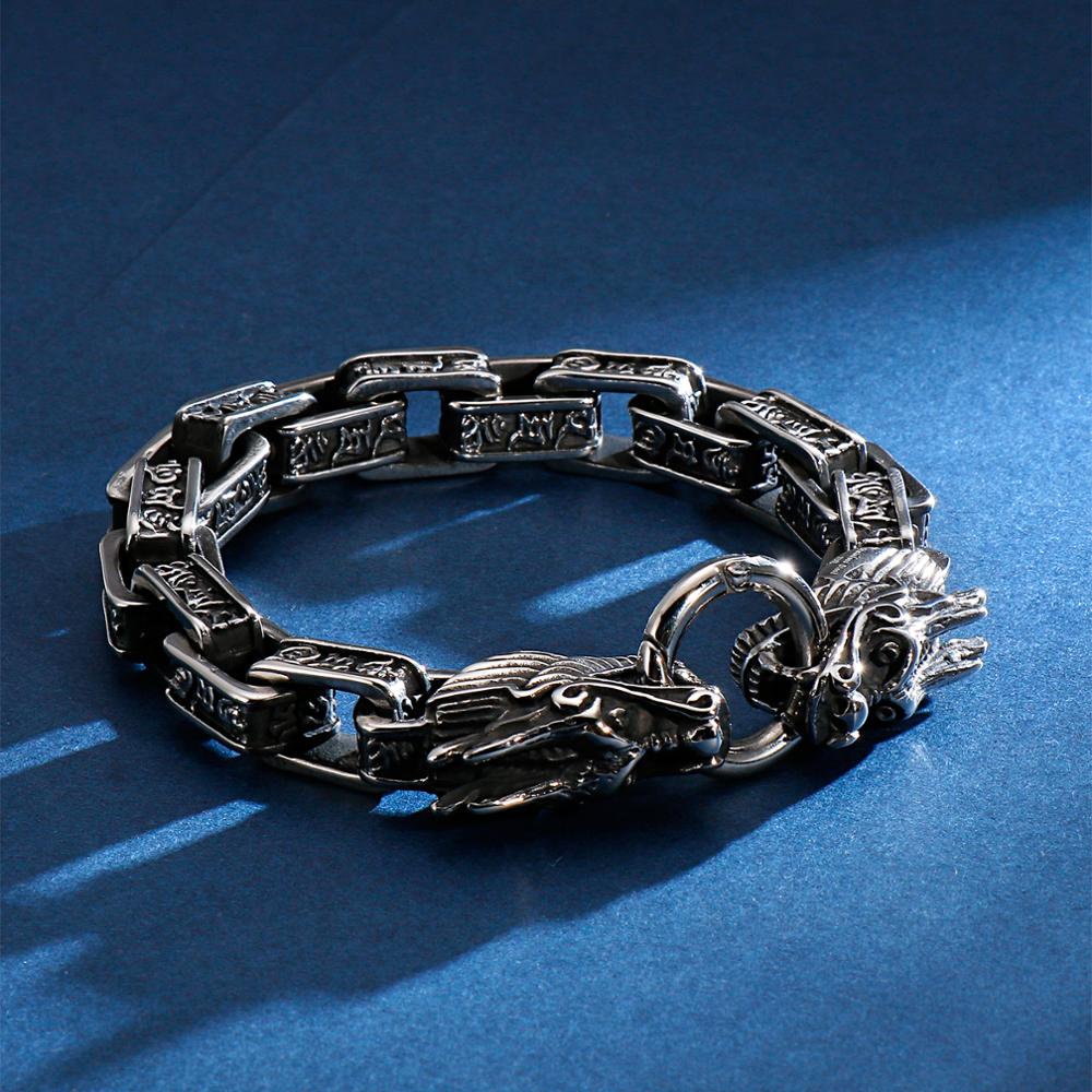 Vintage Dragon Bead Link Chain Bracelet Black Square Cubic Stainless Steel Charms Punk Men Bracelets Male Jewelry
