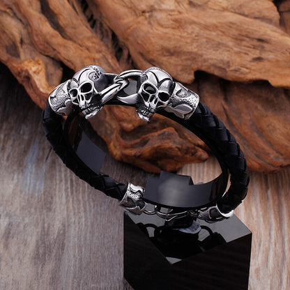 Skull Head Black Braided Leather Bracelet Men Stainless Steel Punk Man Viking Bracelets Jewelry