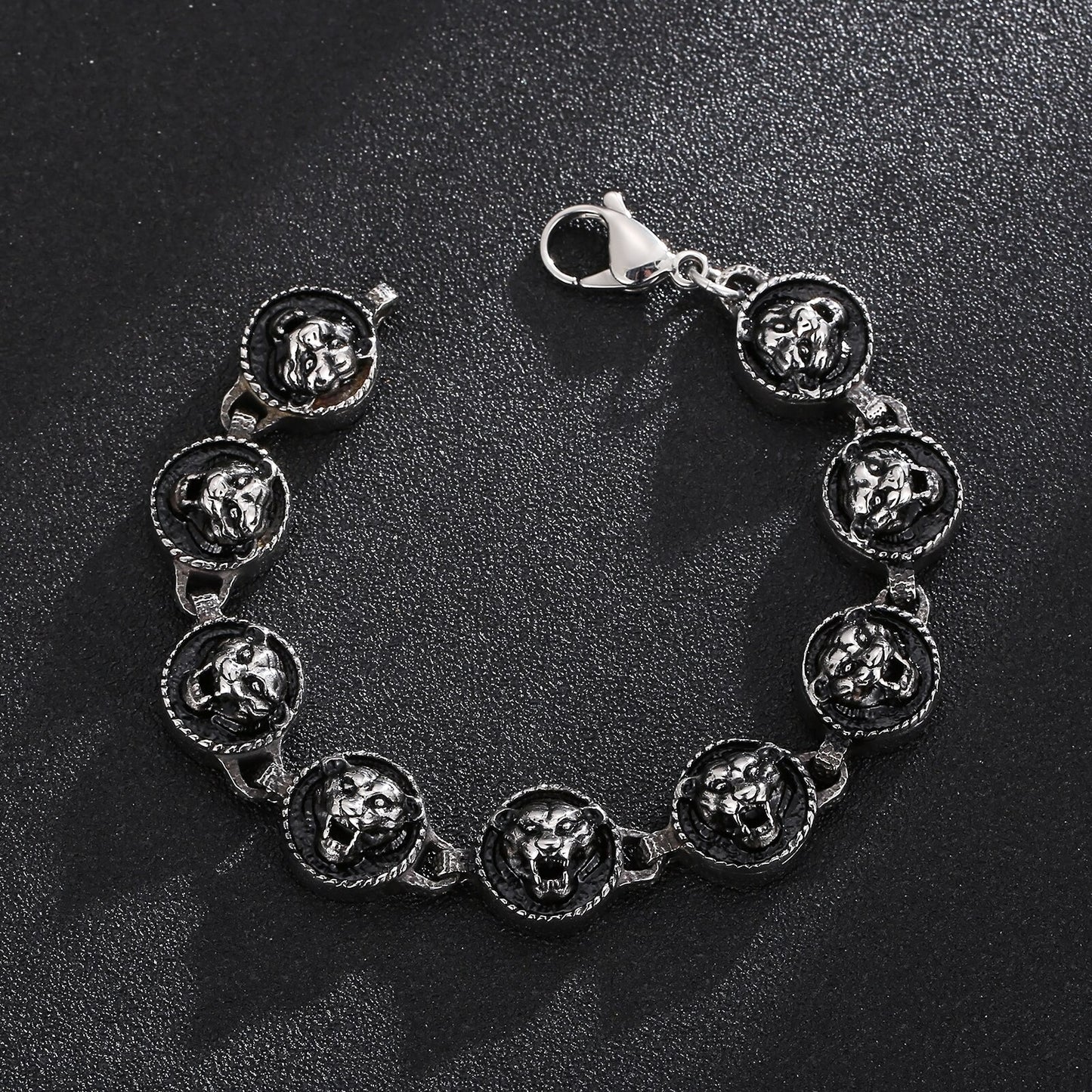 Tiger Head Charm Bracelet for Men 8.66 Inch Vintage Black Stainless Steel Punk Animal Wristband Trendy Jewelry