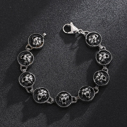 Tiger Head Charm Bracelet for Men 8.66 Inch Vintage Black Stainless Steel Punk Animal Wristband Trendy Jewelry