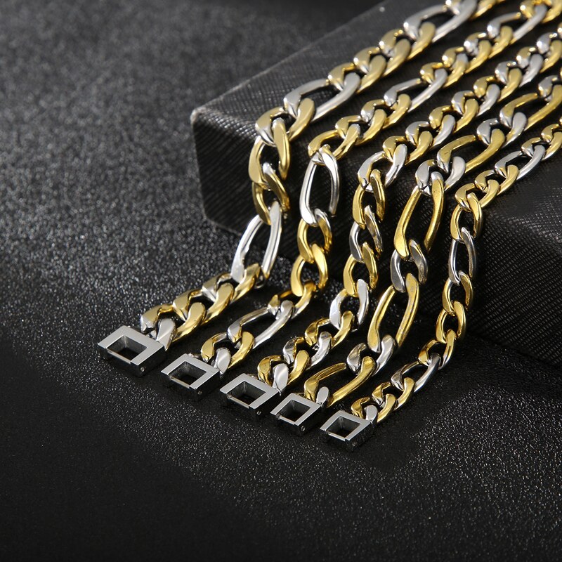 Men's Cuban Chain Bracelets Gold and Silver Color Stainless Steel Figaro Link Chain Bracelets For Men Trendy Jewelry