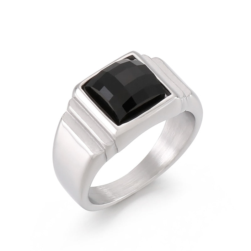 Black and Steel Layering Signet Ring Duo