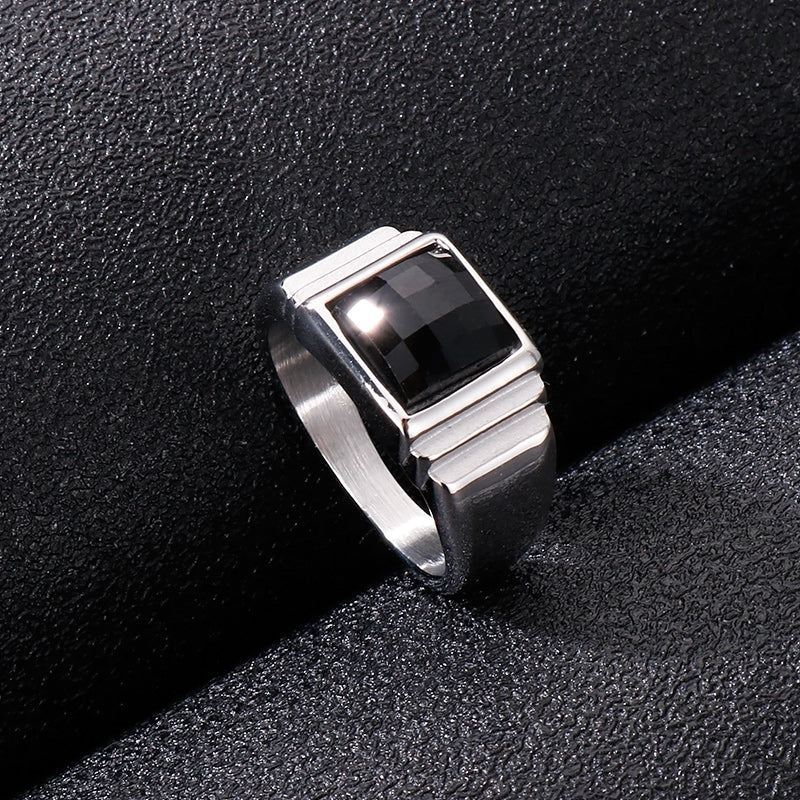 Black and Steel Layering Signet Ring Duo