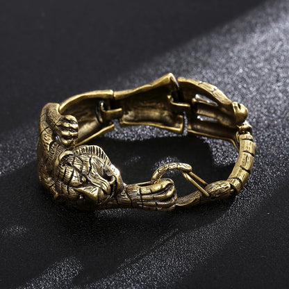 Vintage Gold Blacken Tiger Heavy Wide Bracelet for Men Stainless Steel Retro Casual Animal Punk Jewelry