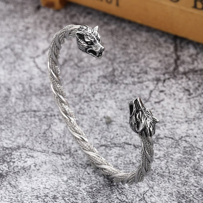 Snake Wolf Charms Open Bangle For Men Stainless Steel Twist Link Chain Adjustable Punk Bracelet Bangles Fashion Jewelry