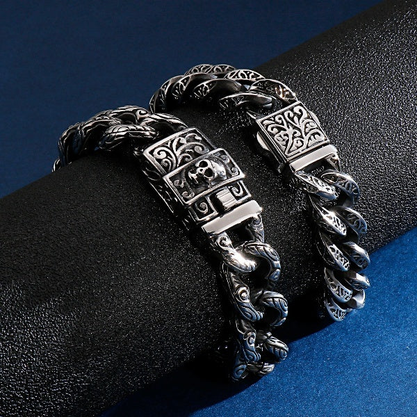 Vintage Skull Cuban Cuff Bracelet Stainless Steel Custom Charms Curb Link Chain Men Bracelets