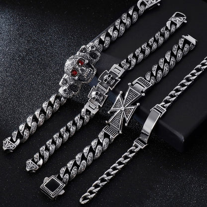 Skull Cross Curb Men's Bracelet Vintage Black Cuban Chain Stainless Steel Skeleton Male Bracelets Bangle Jewelry